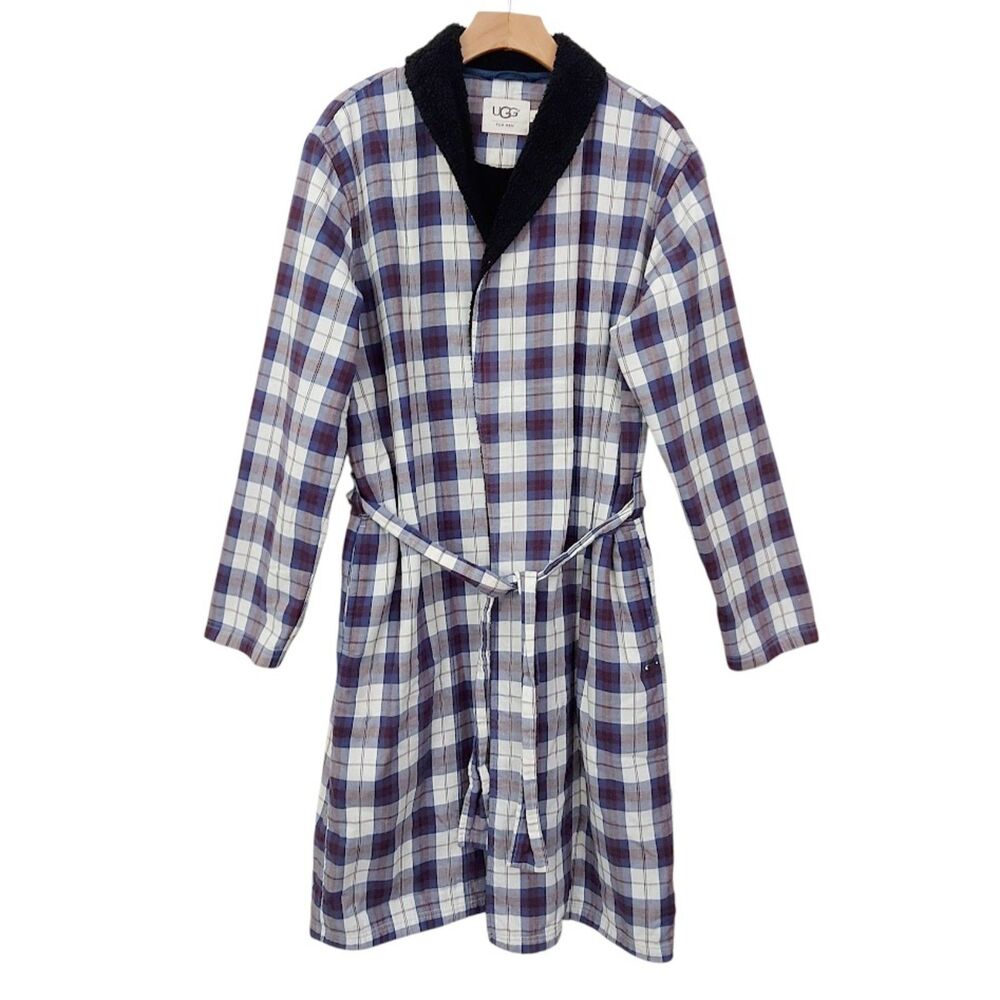 UGG Kalib Flannel Fleece Lined Robe Mens Small Blue Plaid Belted Cozy
